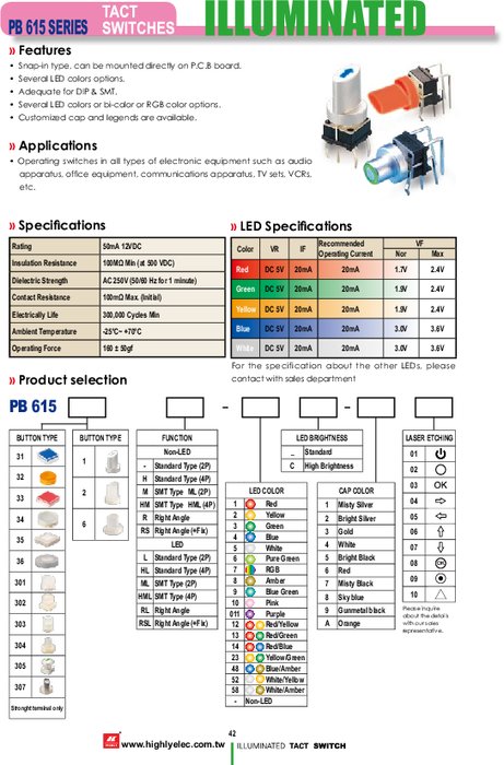PB615シリーズ、LED付き照光式のタクトスイッチ