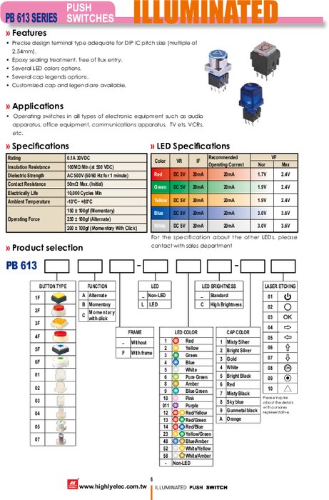 PB613シリーズ、LED付きの照光式プッシュボタンスイッチ