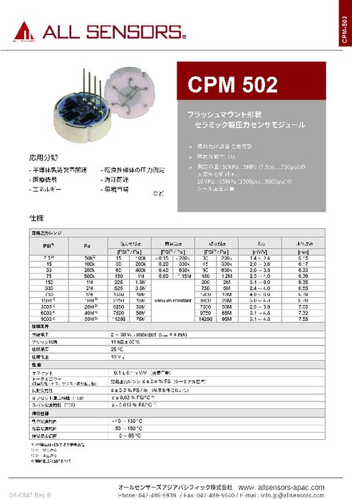 フラッシュマウント形状セラミック製圧力センサモジュール CPM 502