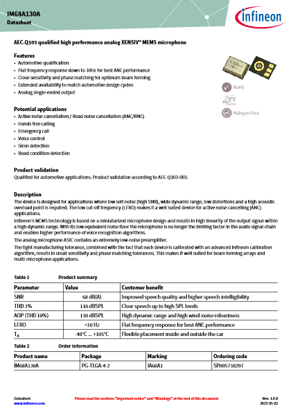 XENSIV 高性能アナログMEMSマイクロフォン IM68A130A
