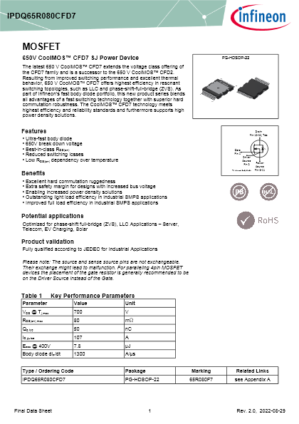 650V CoolMOS CFD7 スーパージャンクションMOSFET QDPAKパッケージ