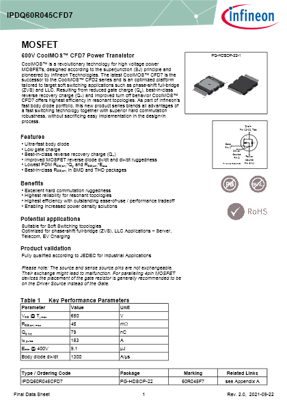 600V CoolMOS CFD7 スーパージャンクションMOSFET QDPAKパッケージ