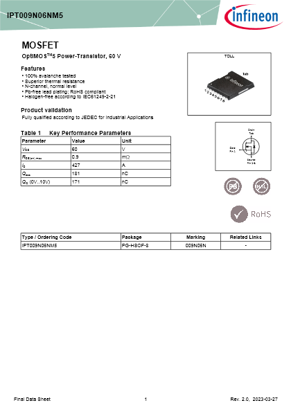 OptiMOS 5 power MOSFET 60V TOLLパッケージ IPT009N06NM5