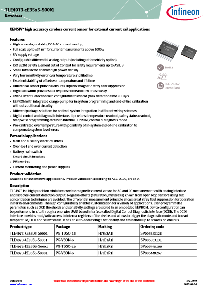 高精度小型コアレス磁気センサ TLE4973-AE35S5-S0001