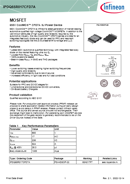パワーMOSFET 650V CoolMOS CFD7A 上面放熱(TSC)／下面放熱(BSC)QDPAKパッケージ