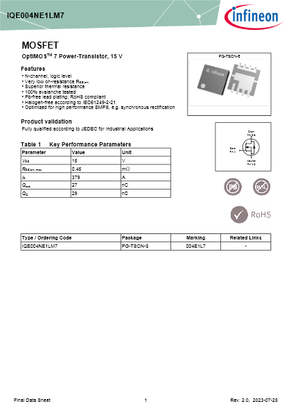 OptiMOS 7 パワーMOSFET 15V・PQFN(3.3×3.3mm²)ソースダウンパッケージ