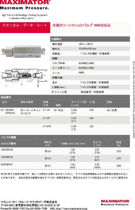 水素用コーンチェックバルブ 22CC4M-H2-KHK／22CC6M-H2-KHK／22CC9M-H2-KHK